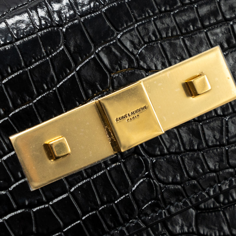 Saint Laurent Manhattan Shoulder Bag Crocodile-Embossed Black GHW