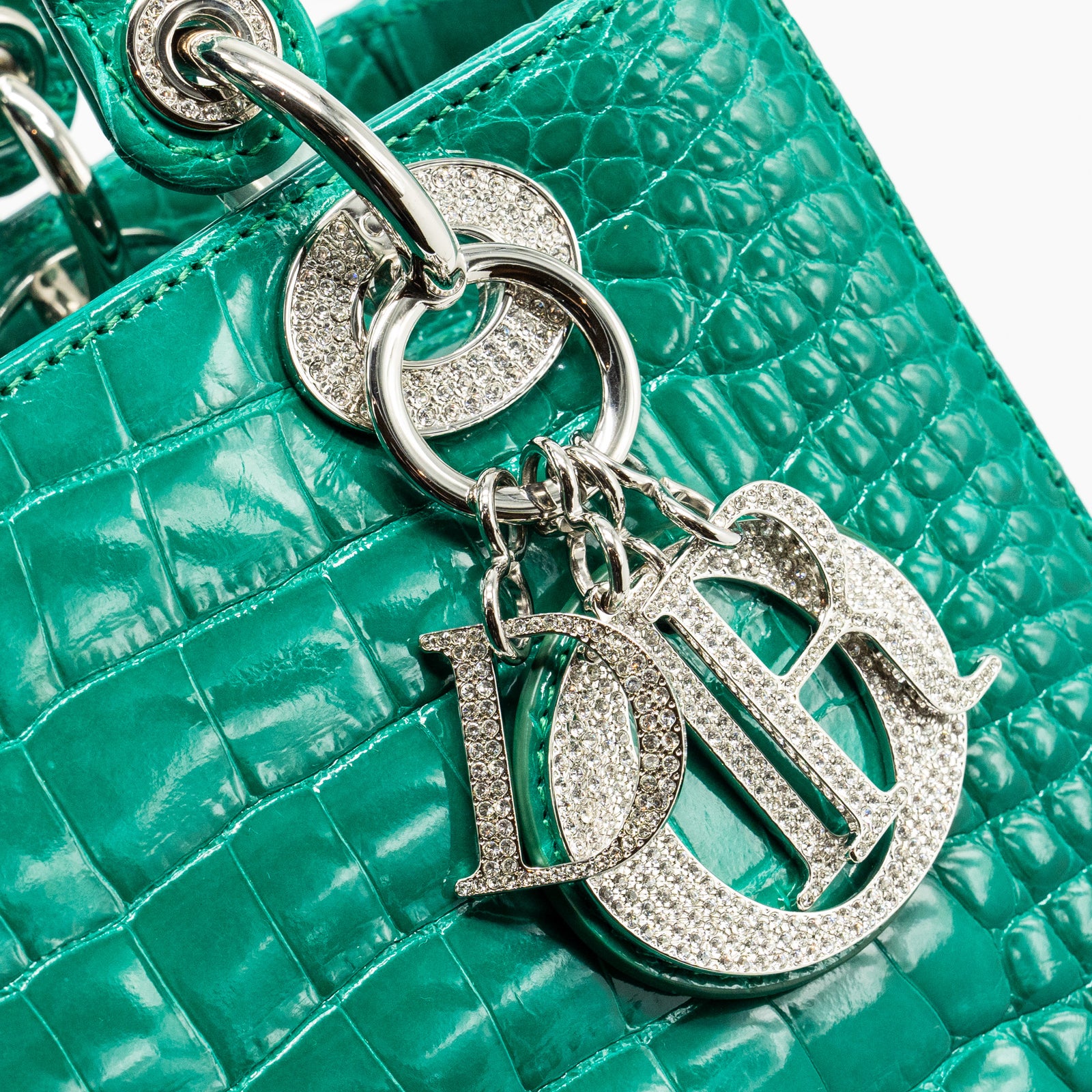 Dior Medium Lady Dior Crocodile Green SHW with Crystal