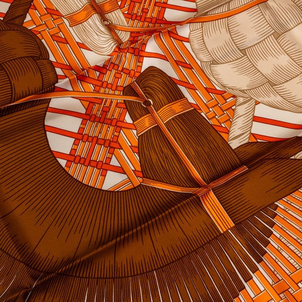 Hermes 90cm Silk Scarf Masan Masan Orange/Grege/Tabac