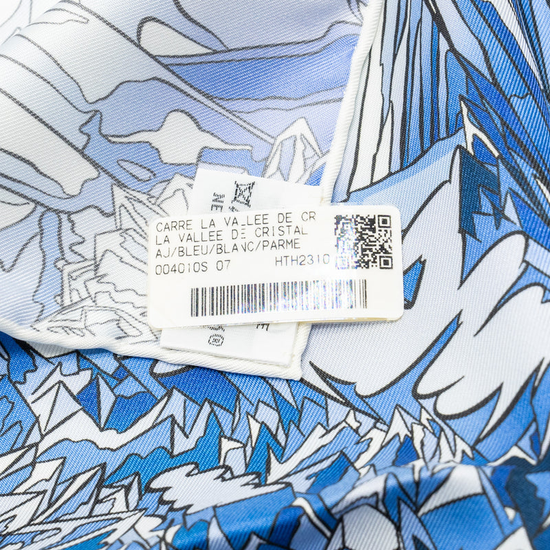 Hermes 90*90 cm silk scarf La Vallee De Cristal Bleu/blanc/parme