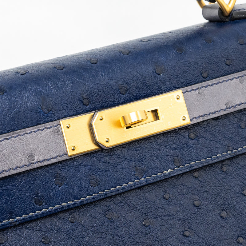 Hermes Kelly 28 Ostrich Blue Iris/ Gris Agate GHW Stamp D