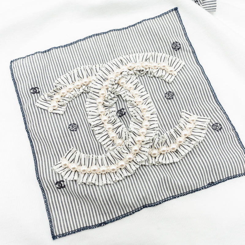 Chanel size 36 top embroidered cotton jersey / cotton white/blue/black