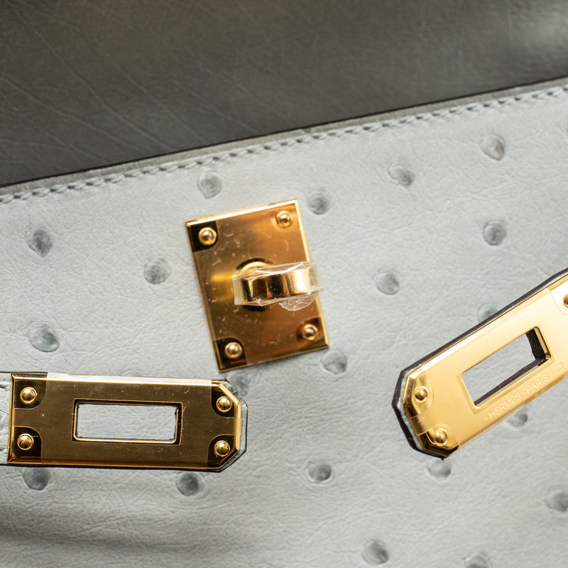 Hermes Kelly Pochette Ostrich Bleu Glacier GHW Stamp K