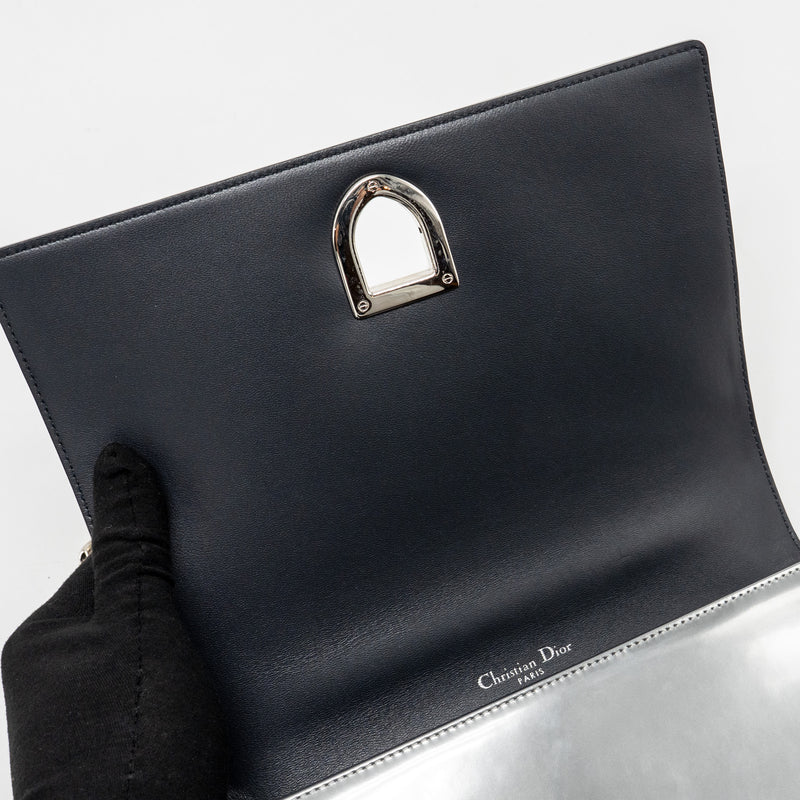 Dior Diorama Flap Bag Patent Micro-Cannage Leather Metallic Silver SHW