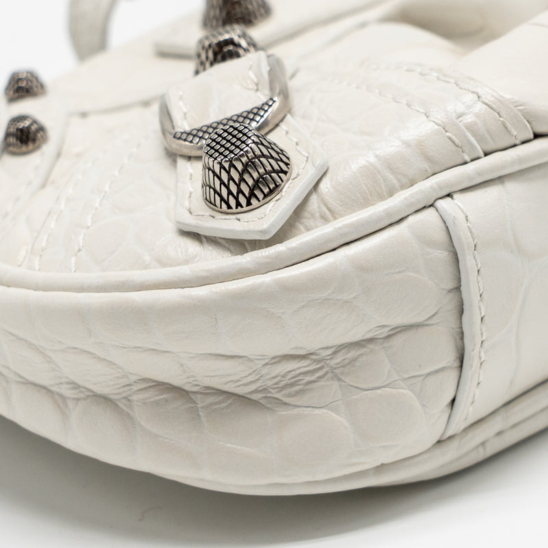 Balenciaga Mini Le Cagole Shoulder Bag Croc-Embossed Calfskin White SHW