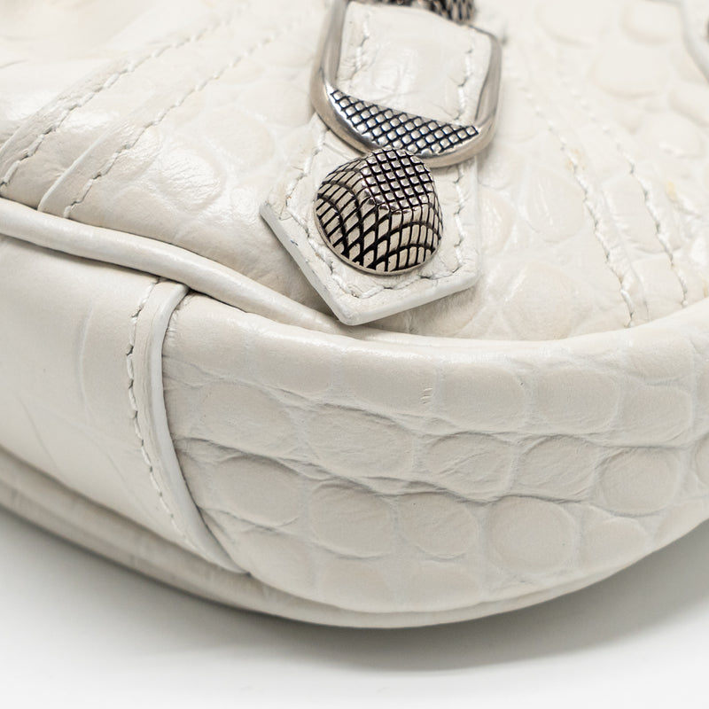 Balenciaga Mini Le Cagole Shoulder Bag Croc-Embossed Calfskin White SHW