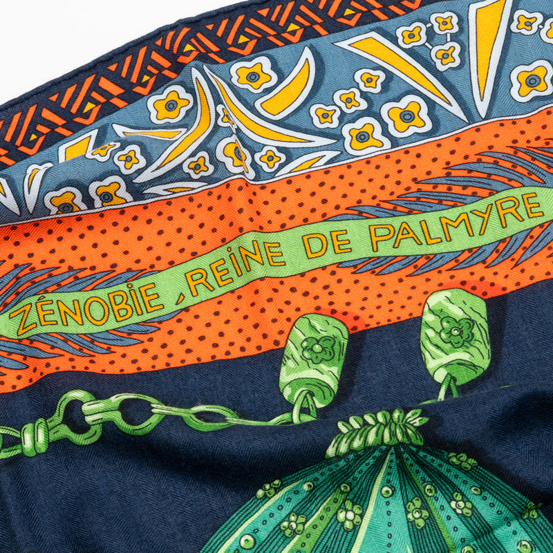 Hermes 140CM Zenobie Reine De Palmyre Scarf Cashmere/Silk Marine/Vert/Orange