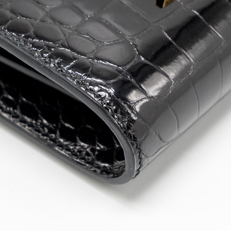 Hermes Constance Compact Wallet Shiny Alligator Mississippiensis Black GHW Stamp A