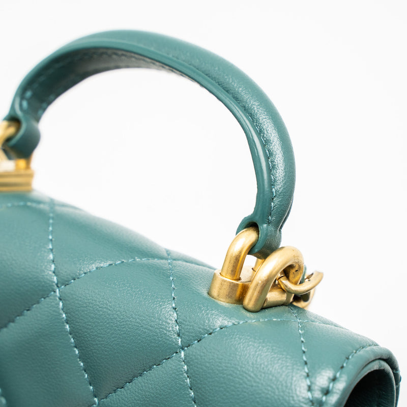 Chanel Mini Top Handle Flap Bag Lambskin Green Brushed GHW