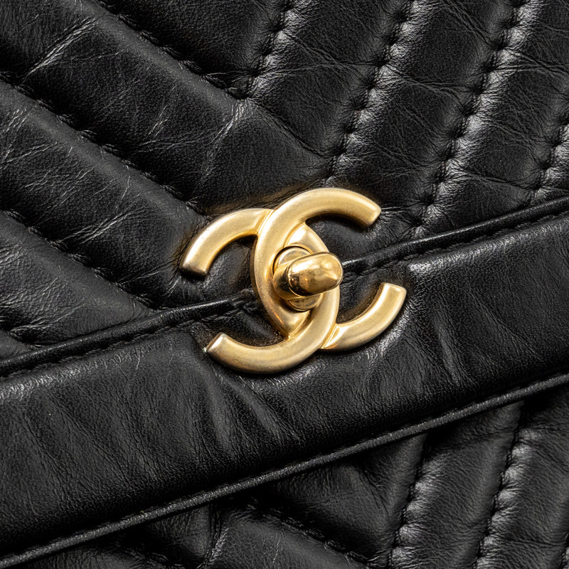 Chanel Chevron Frame Quilted Backpack Aged Calfskin Black GHW