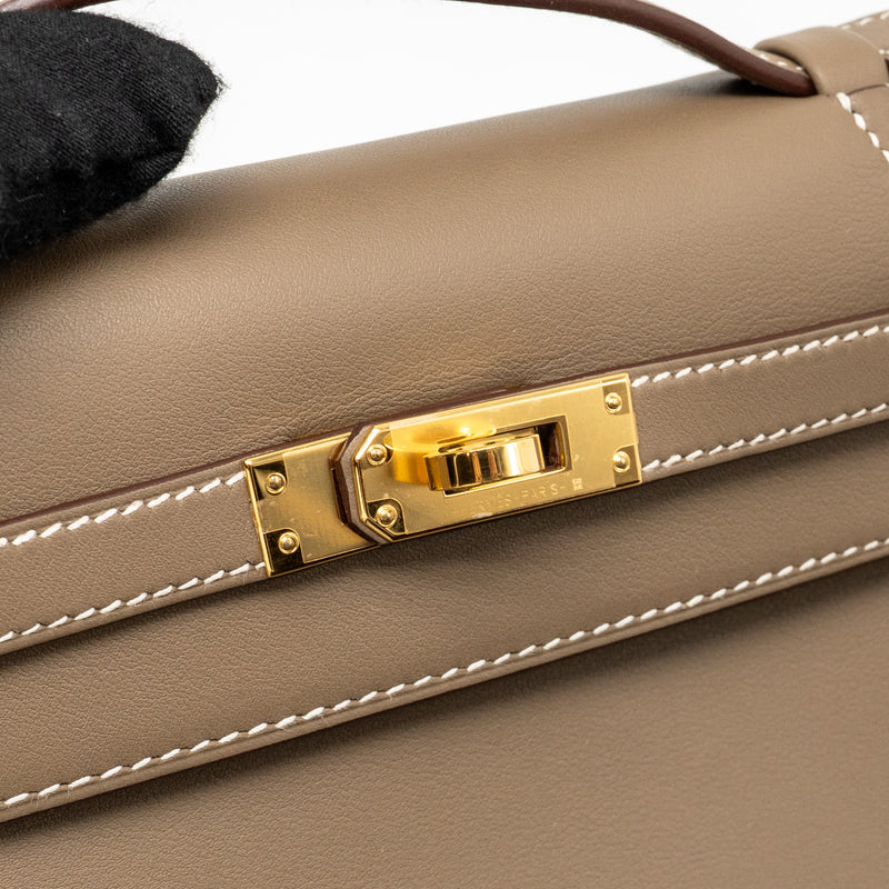 Hermes Kelly Pochette Swift Etoupe GHW Stamp W