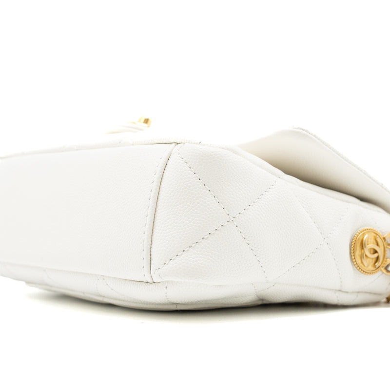 Chanel 22A Small Flap Bag Button on Chain Caviar White Brushed GHW (Microchip)