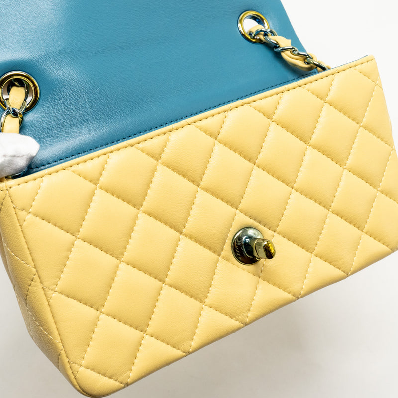 Chanel Mini Rectangular Flap Bag Lambskin Yelllow/Blue with Iridescent Blue Hardware