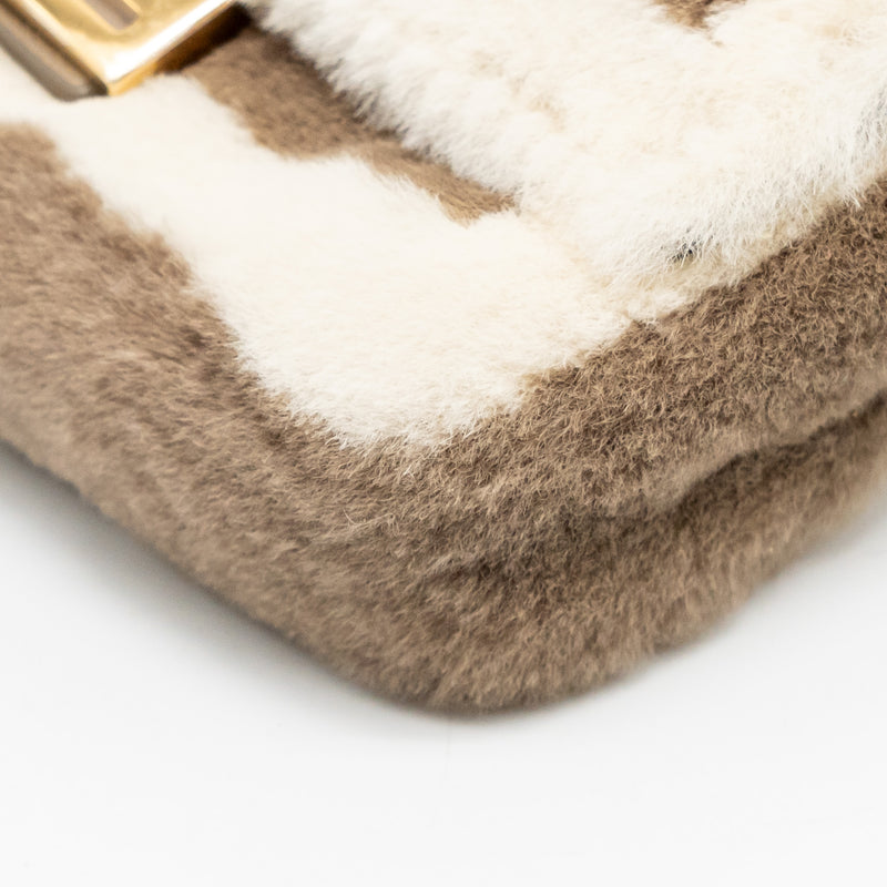 Fendi Nano Chain Baguette Charm Bag Shearling Brown/Cream GHW