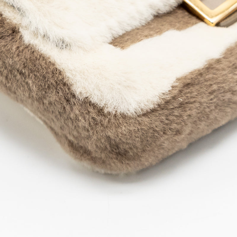Fendi Nano Chain Baguette Charm Bag Shearling Brown/Cream GHW