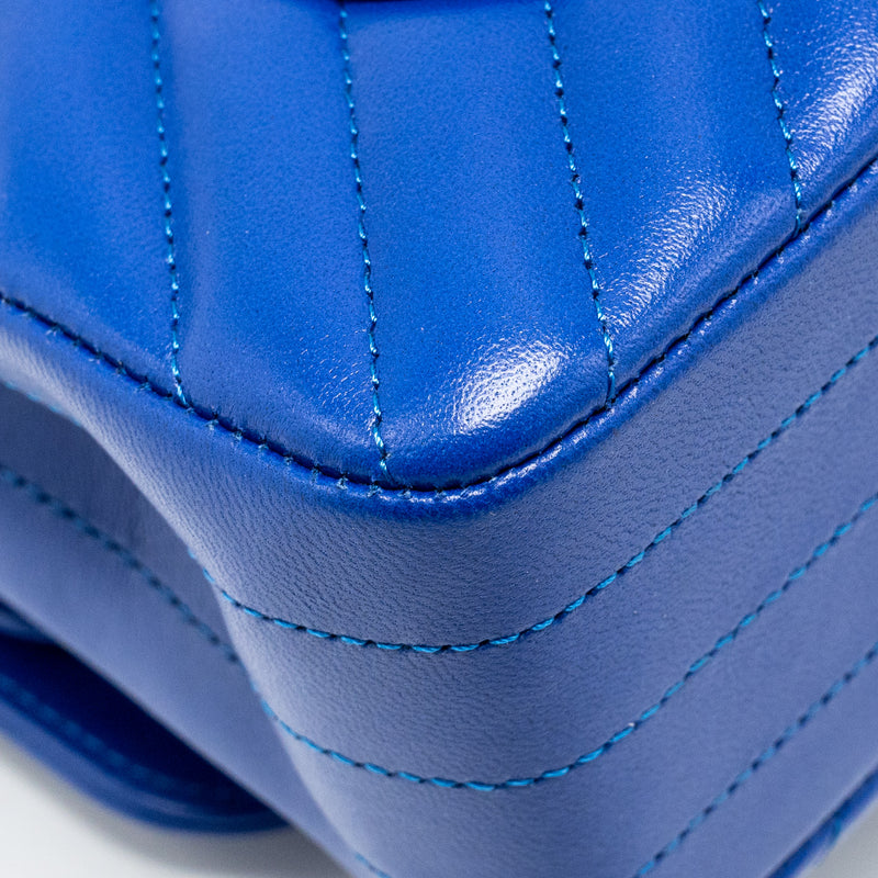 Chanel small classic double flap bag chevron lambskin blue LGHW