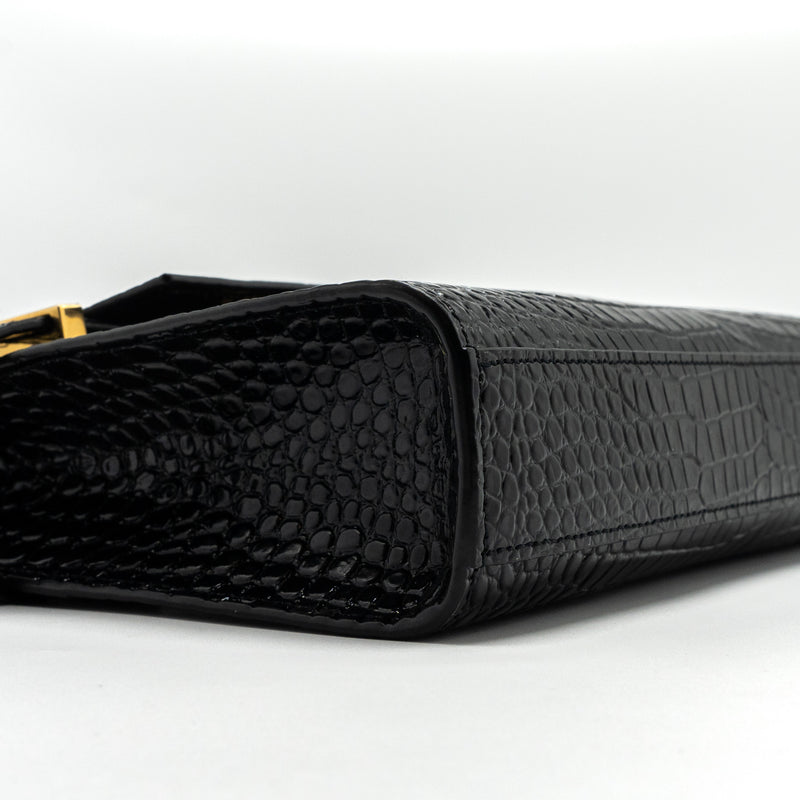 Saint Laurent Manhattan Shoulder Bag Crocodile-Embossed Black GHW