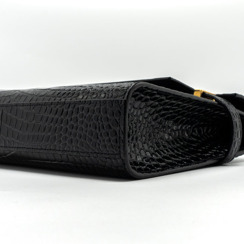 Saint Laurent Manhattan Shoulder Bag Crocodile-Embossed Black GHW
