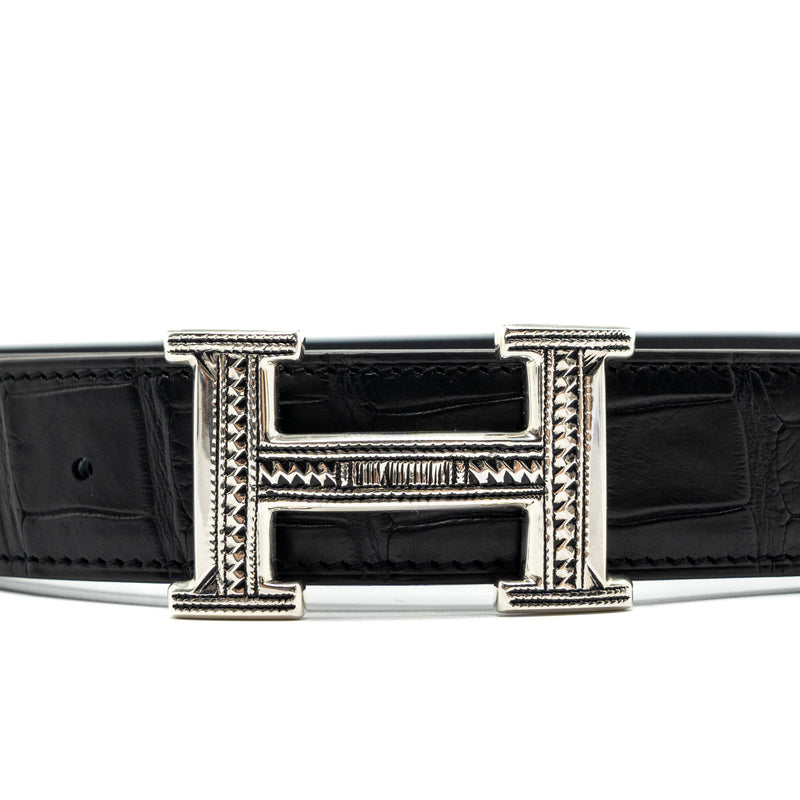 Hermes Size 90 H Buckle Belt Alligator Miss Matte Black SHW Stamp U