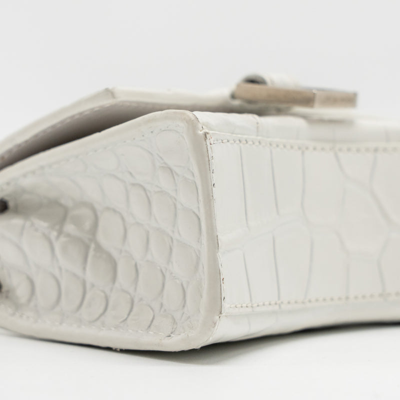 Balenciaga MINI Hourglass Bag CROC Embossed Calfskin White SHW