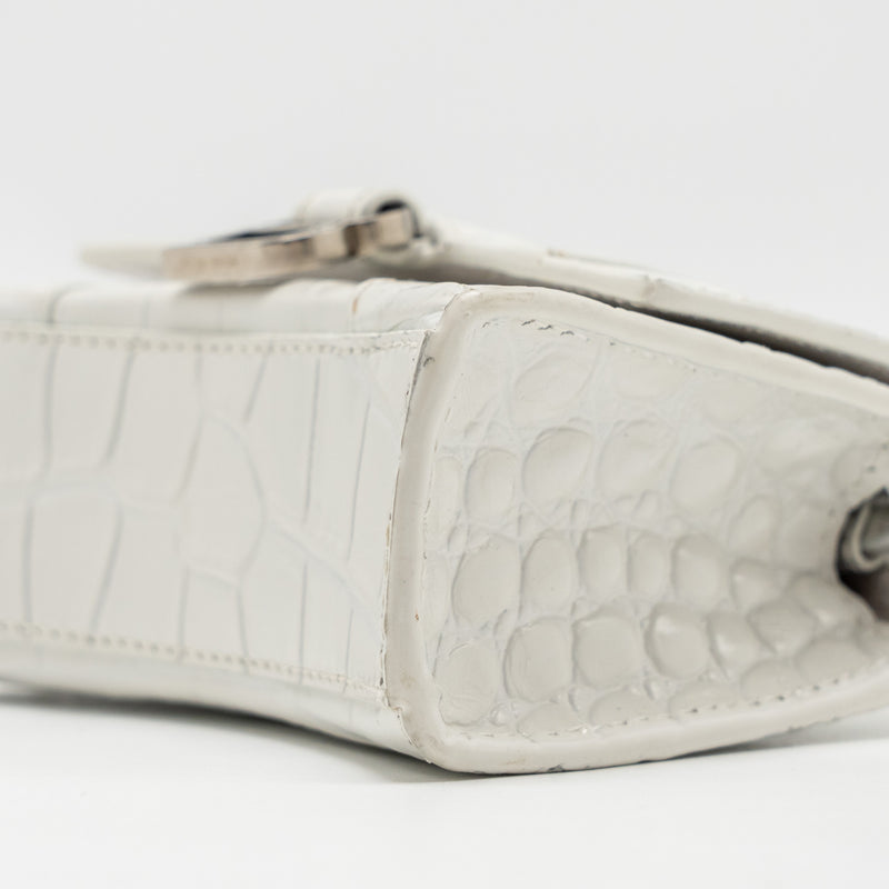 Balenciaga MINI Hourglass Bag CROC Embossed Calfskin White SHW
