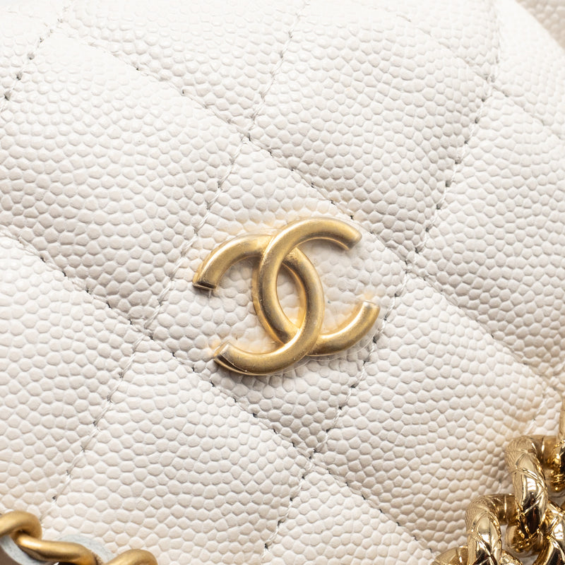 Chanel 24S Mini Round Bow Pouch Bag with Chain Caviar White GHW (Microchip)