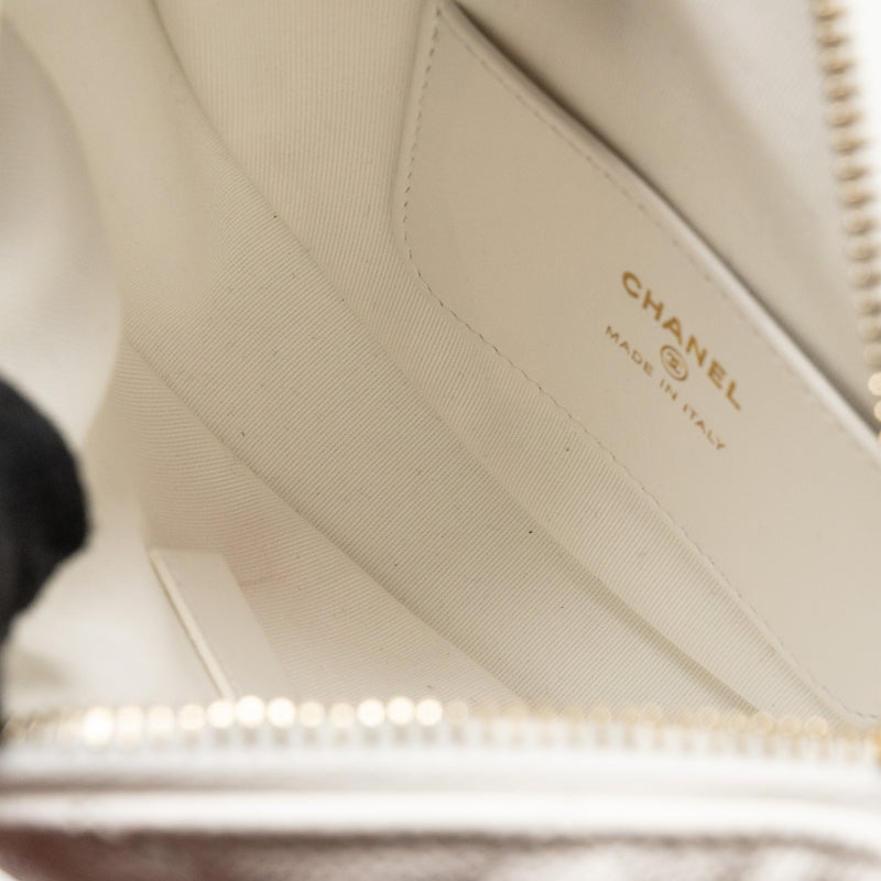 Chanel 24S Mini Round Bow Pouch Bag with Chain Caviar White GHW (Microchip)