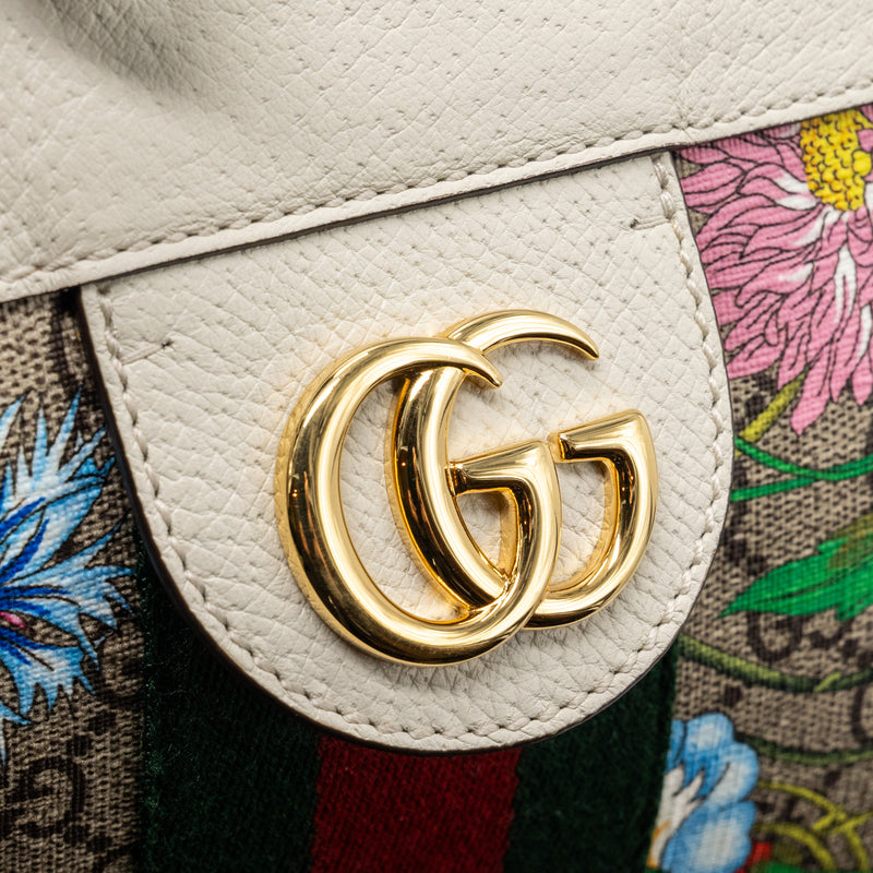 GUCCI OPHIDIA GG LEATHER TRIMMED Flora PRINTED COATED CANVAS TOTE Mulitcolour GHW