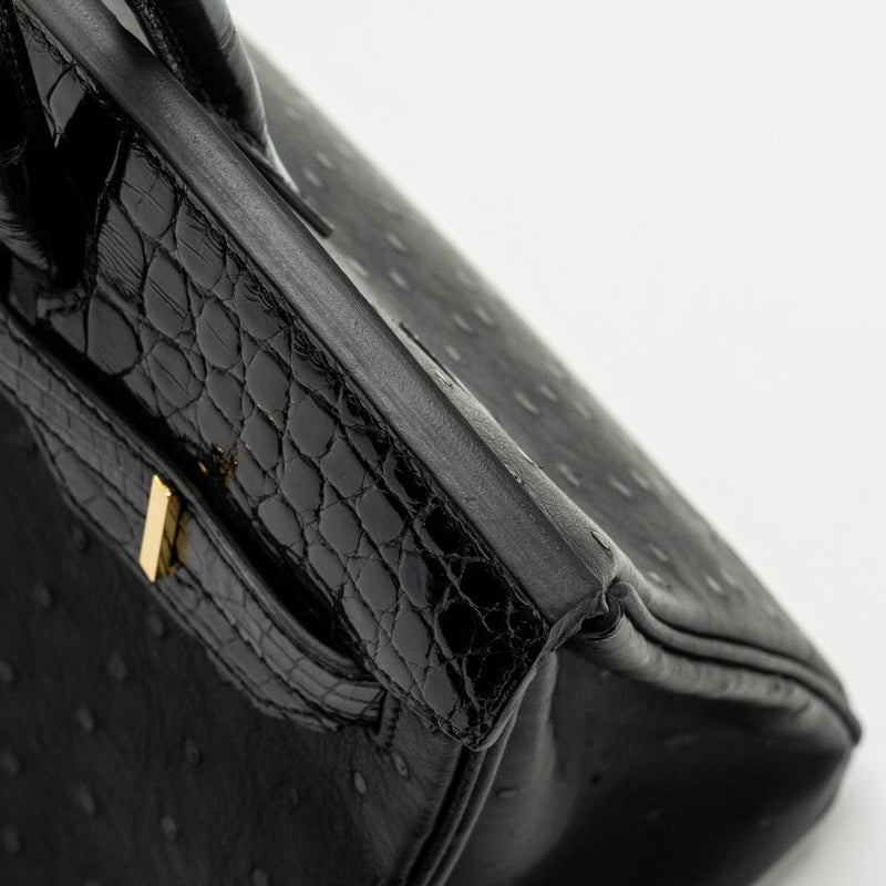 Hermes Birkin 30 Shiny Alligator Mississippiensis Touch / Ostrich Black GHW Stamp Z