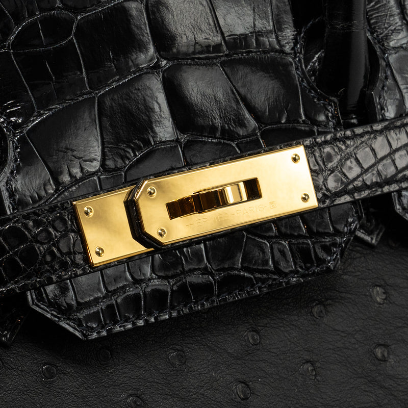 Hermes Birkin 30 Shiny Alligator Mississippiensis Touch / Ostrich Black GHW Stamp Z