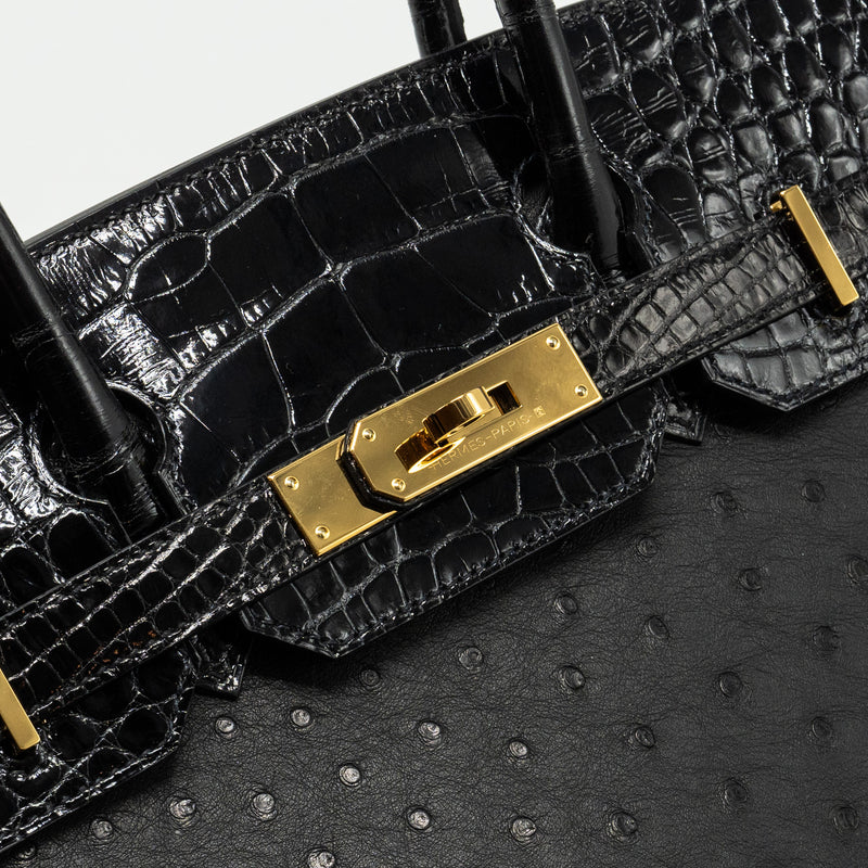 Hermes Birkin 30 Shiny Alligator Mississippiensis Touch / Ostrich Black GHW Stamp Z