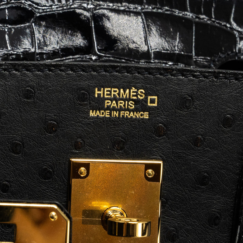 Hermes Birkin 30 Shiny Alligator Mississippiensis Touch / Ostrich Black GHW Stamp Z