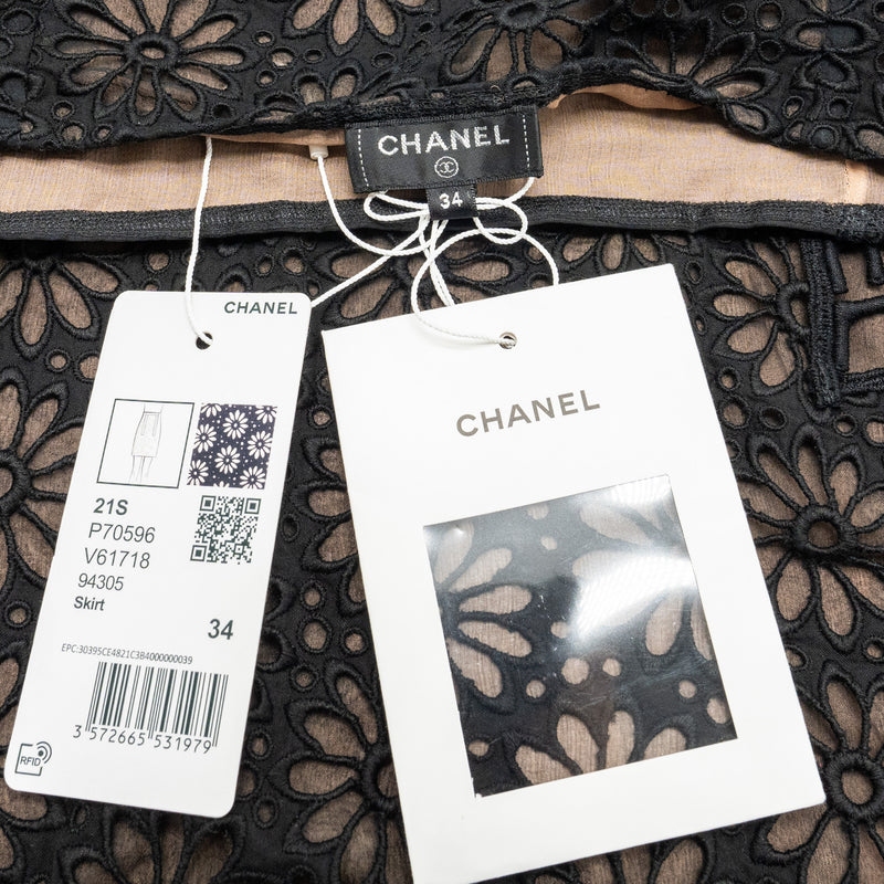 Chanel Size 34 21S Flora Lace Skirt Cotton Black