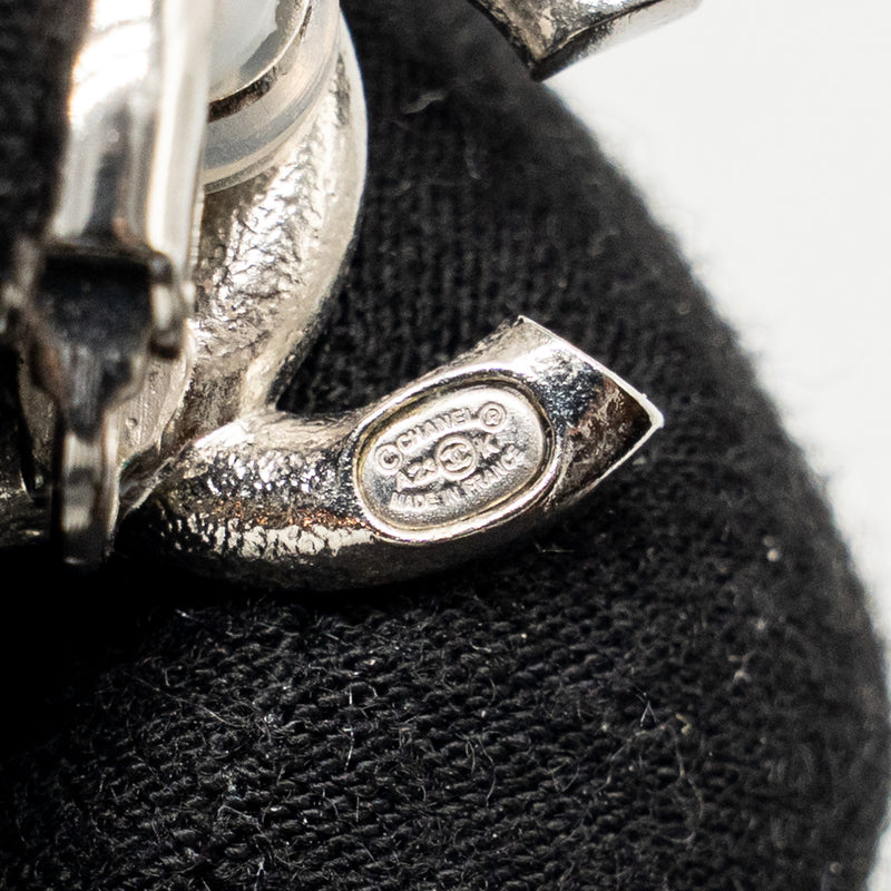 Chanel Crystal/Enamel CC Logo Ear Clips Silver Tone