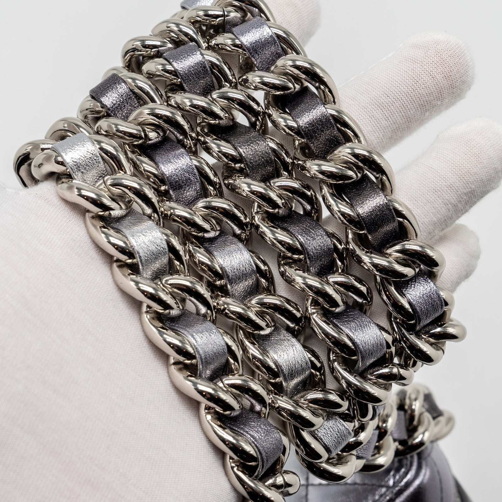 Chanel 22c coco punk purse with giant chain lambskin metallic silver/b