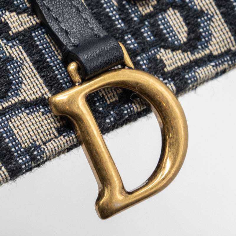 DIOR SADDLE PHONE HOLDER WITH CHAIN OBLIQUE JACQUARD CANVAS BLUE GHW