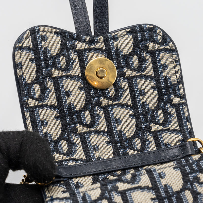 DIOR SADDLE PHONE HOLDER WITH CHAIN OBLIQUE JACQUARD CANVAS BLUE GHW