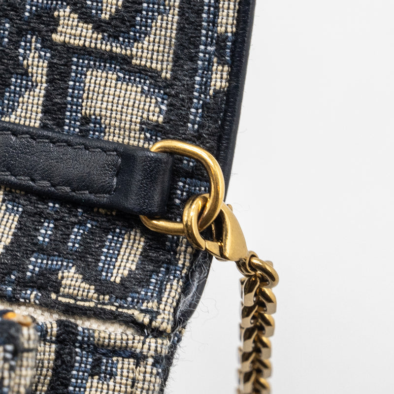 DIOR SADDLE PHONE HOLDER WITH CHAIN OBLIQUE JACQUARD CANVAS BLUE GHW