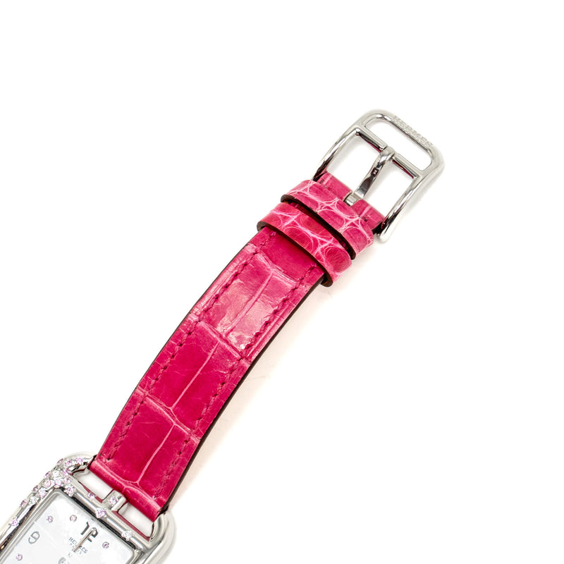Hermes Cape Cod Watch Small Model 31mm Steel Case, Mother of Pearl Dial with Diamonds Alligator Raspberry Strap