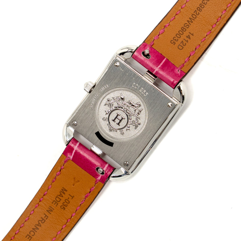 Hermes Cape Cod Watch Small Model 31mm Steel Case, Mother of Pearl Dial with Diamonds Alligator Raspberry Strap