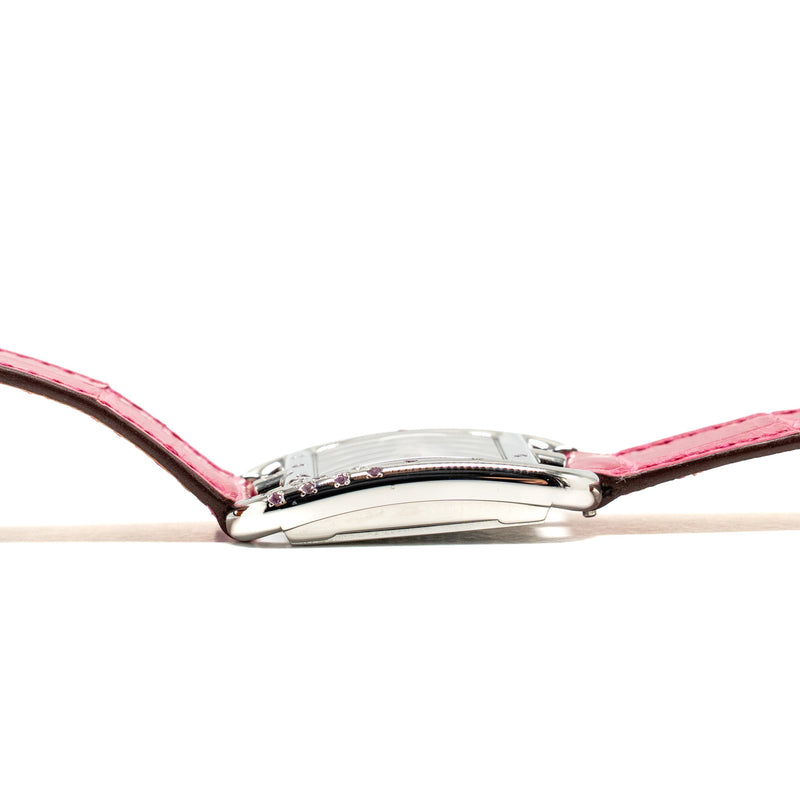 Hermes Cape Cod Watch Small Model 31mm Steel Case, Mother of Pearl Dial with Diamonds Alligator Raspberry Strap