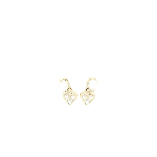 Chanel CC Logo Heart Drop Earrings Light Gold Tone