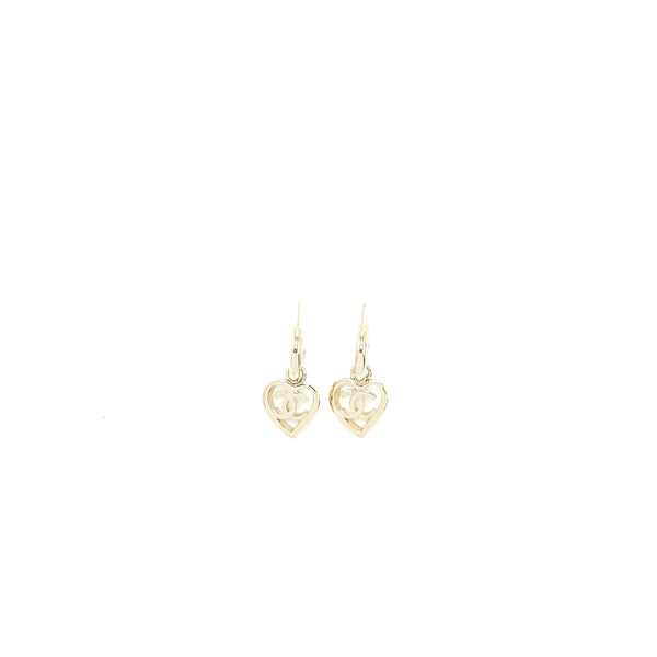 Chanel CC Logo Heart Drop Earrings Light Gold Tone