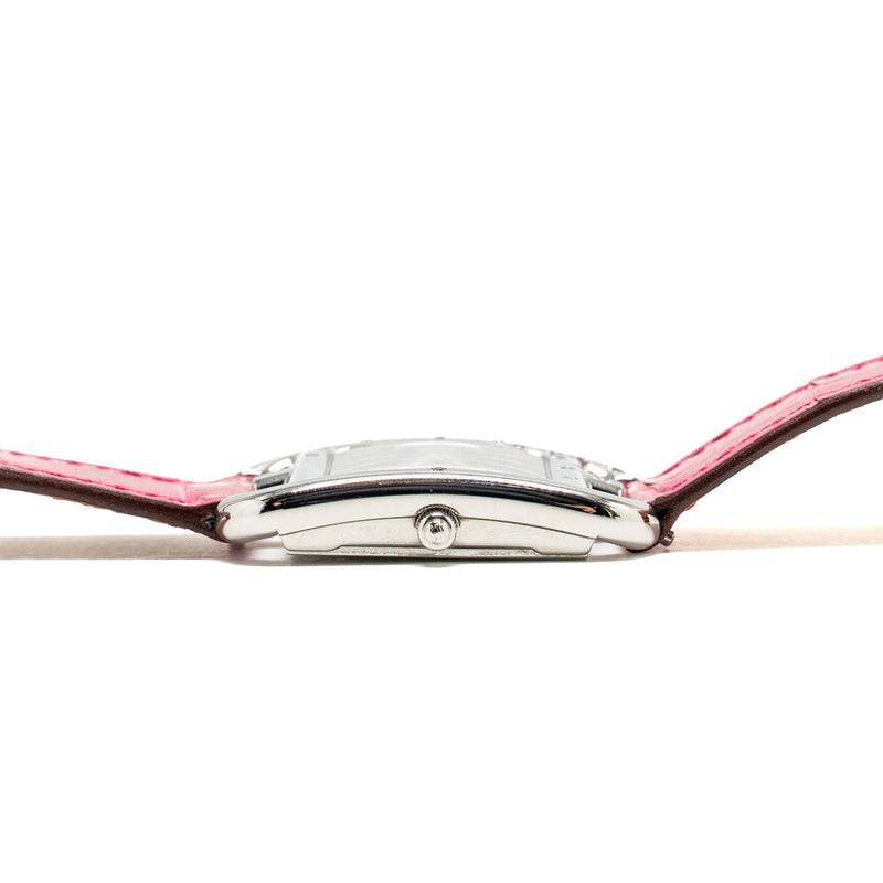 Hermes Cape Cod Watch Small Model 31mm Steel Case, Mother of Pearl Dial with Diamonds Alligator Raspberry Strap