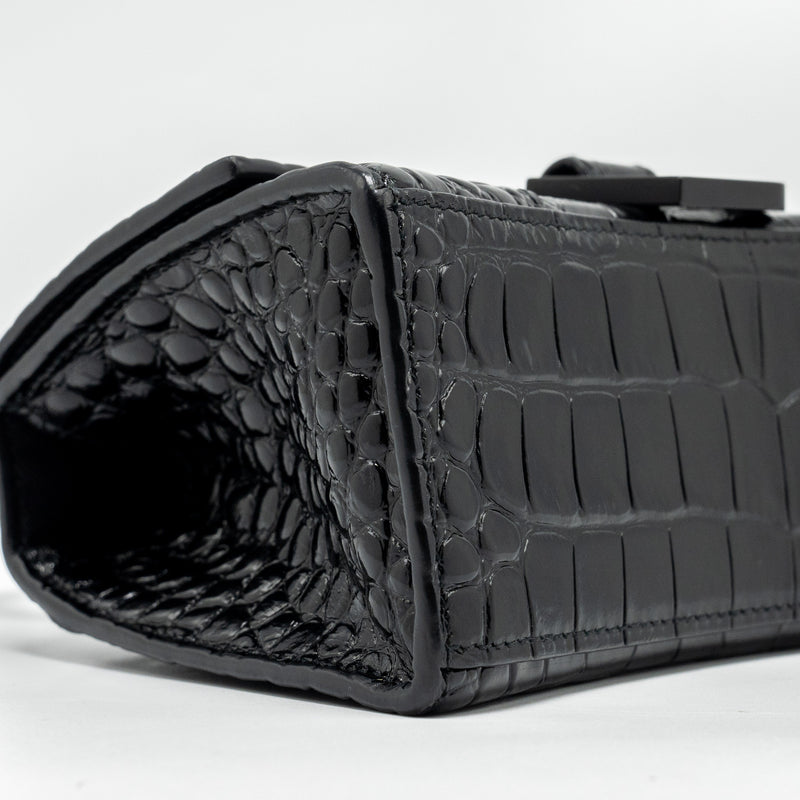 Balenciaga XS Hourglass Croc-embossed Calfskin So Black
