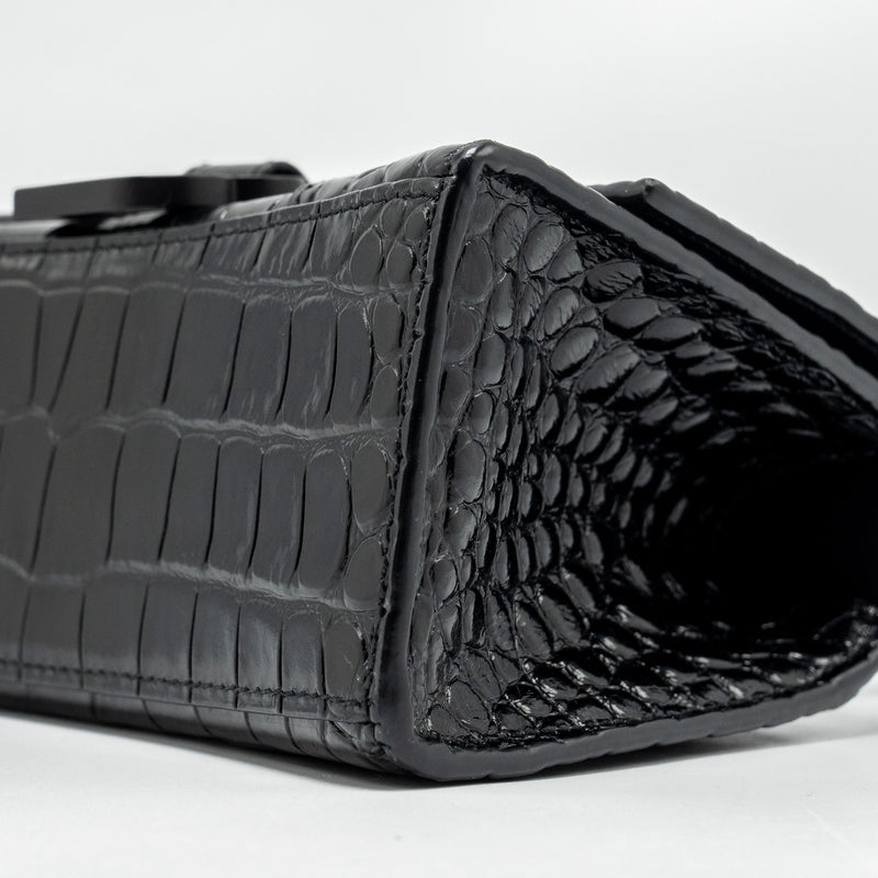 Balenciaga XS Hourglass Croc-embossed Calfskin So Black
