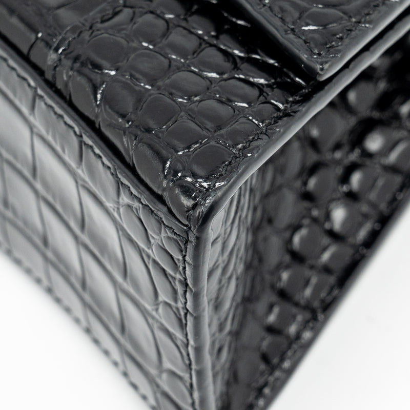 Balenciaga XS Hourglass Croc-embossed Calfskin So Black