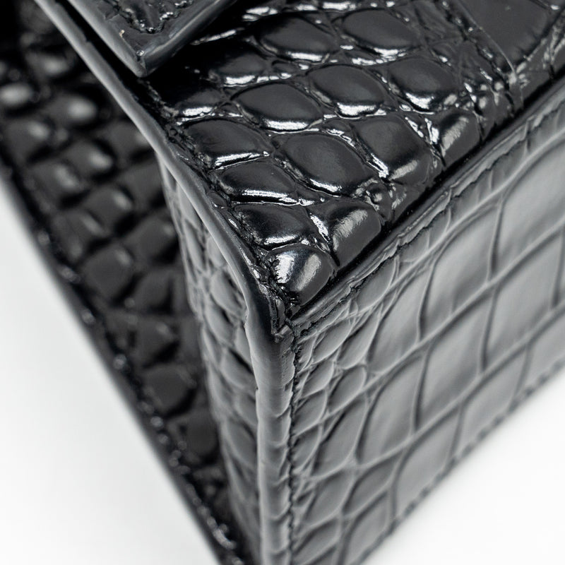 Balenciaga XS Hourglass Croc-embossed Calfskin So Black