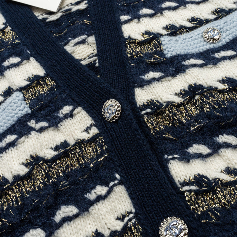Chanel size 38 22B cardigan cashmere/ cotton / wool multicolour navy/ light blue/ white