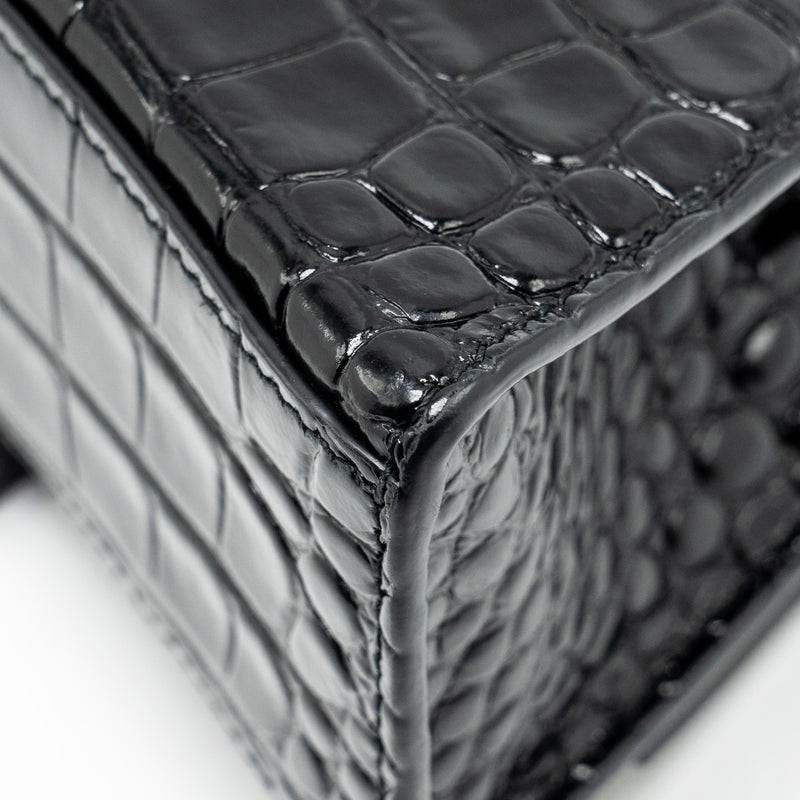 Balenciaga XS Hourglass Croc-embossed Calfskin So Black